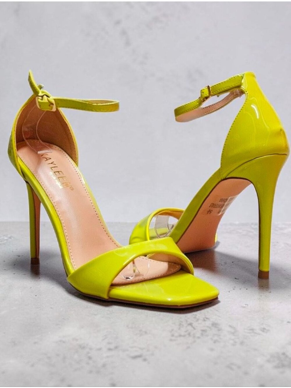 Lime Neon Patent Leather Stiletto Heels With Ankle Strap & Open Toe Design Women